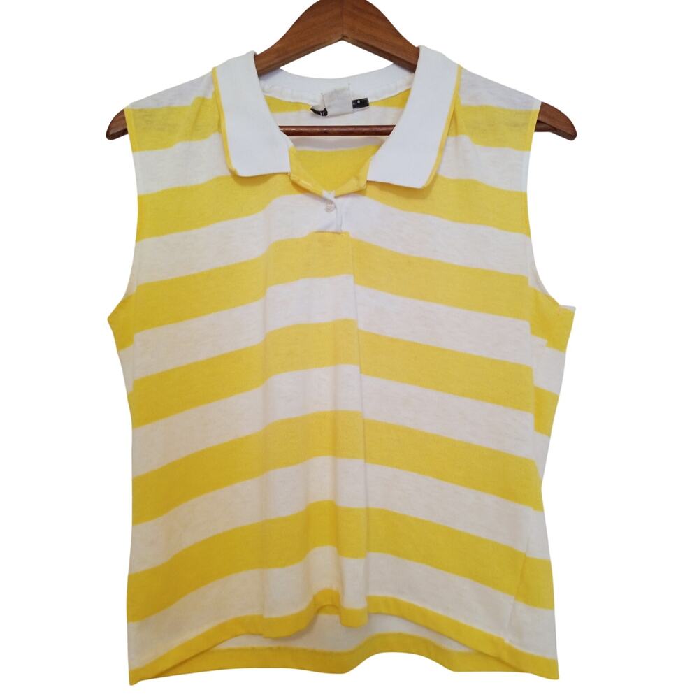 Vintage 80's Hunters Glen Women's Polo Tank Yellow White Quarter Button Up SZ XL